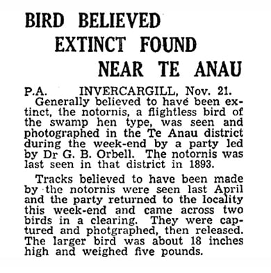 Otago Daily Times 22 November 1948 newspaper heading Bird believed extinct found near Te Anau