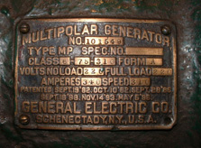 The plate detailing the generator's specifications. Photo: J Welch.