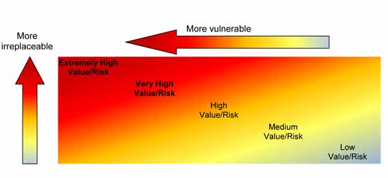 Figure 2: The value of biodiversity increases as vulnerability and irreplaceability increase; this also increases the risk that a biodiversity offset cannot be achieved.