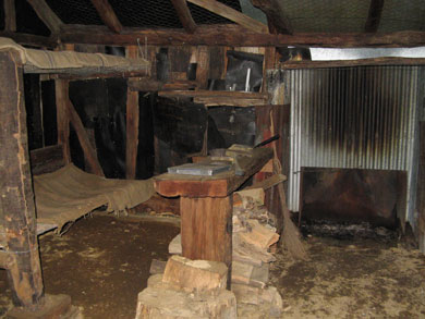 Inside the historic Manson Hut. 