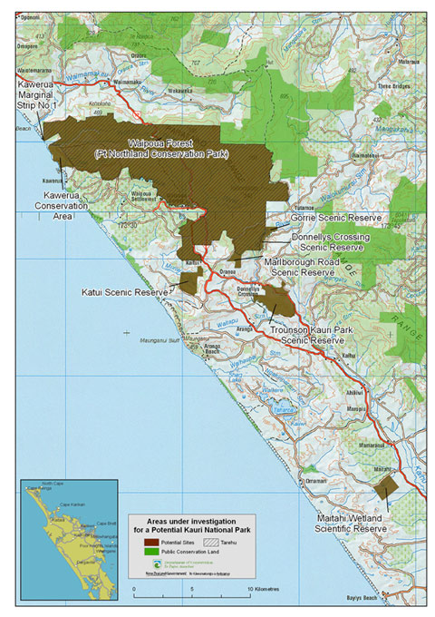Map of areas under investigation for a Kauri National Park. Click map to view a larger printable version (PDF, 2,809K).