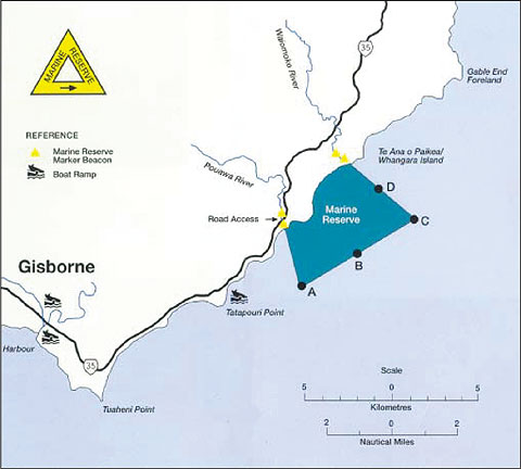 Map of Te Tapuwae o Rongokako Marine Reserve showing its boundaries.