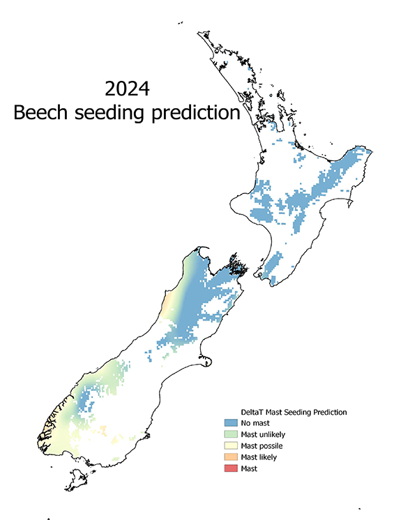 A map with colour coded areas ranging from blue to red. A key is included that show blue areas mean either no mast or a mast is unlikely, yellow or orange areas mean a mast is possible or likely, while red areas indicate a mast. A significant portion of the map show yellow with and some red and blue portions.