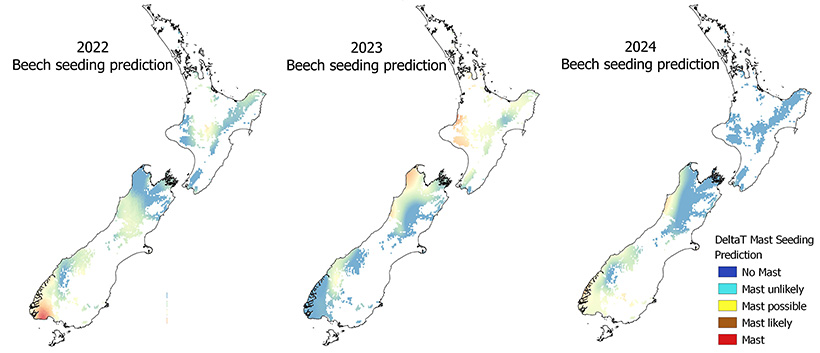 A series of maps showing the mast predictions for 2021, 2022 and 2023. A key is included that show blue areas mean either no mast or a mast is unlikely, yellow or orange areas mean a mast is possible or likely, while red areas indicate a mast. 