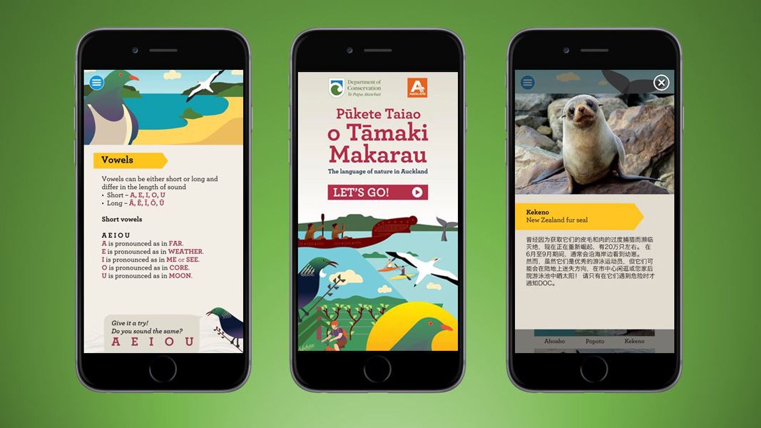 Screenshots of the Pūkete Taiao o Tāmaki Makaurau app. 