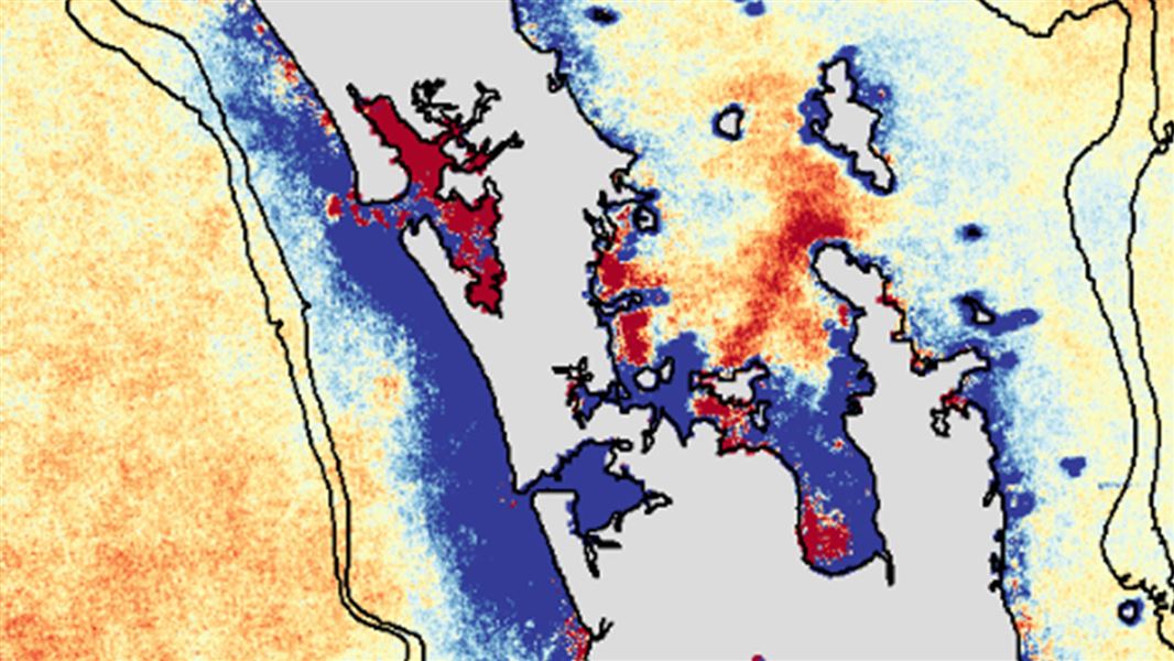 A map of the ocean either side of Auckland marked with colours to show levels of suspended sediment.