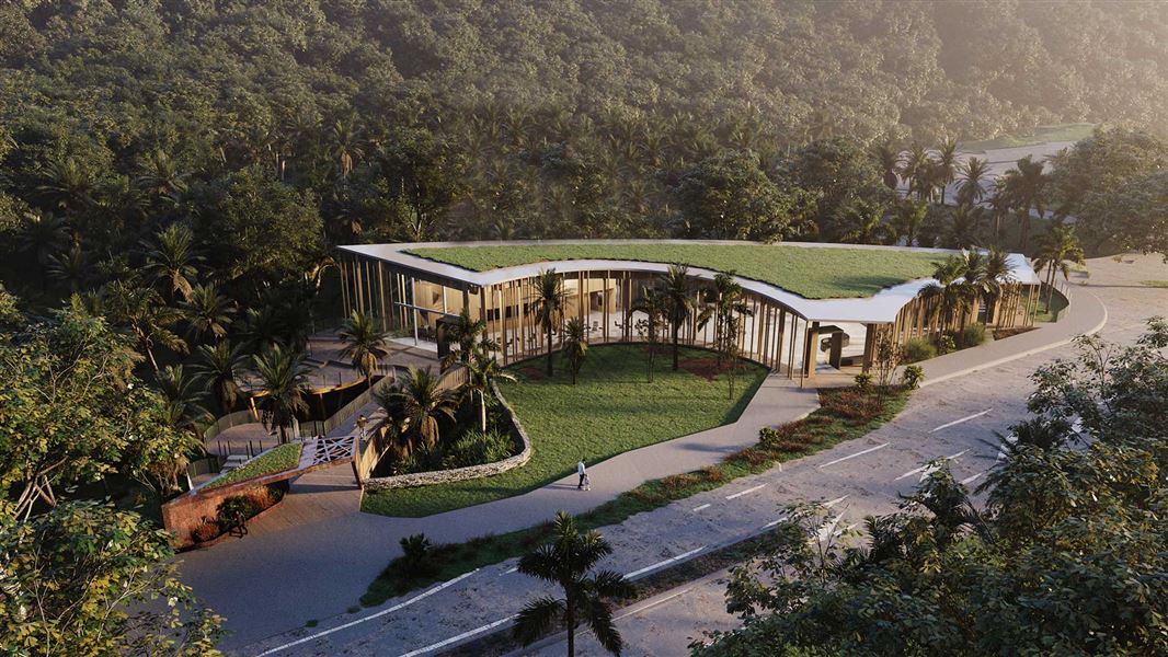 Architectural image showing a rendered birds-eye view of the planned Dolomite Point Experience Centre. 