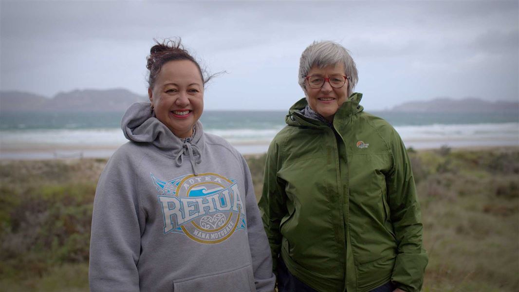 Two people stand before a big bay and islands.