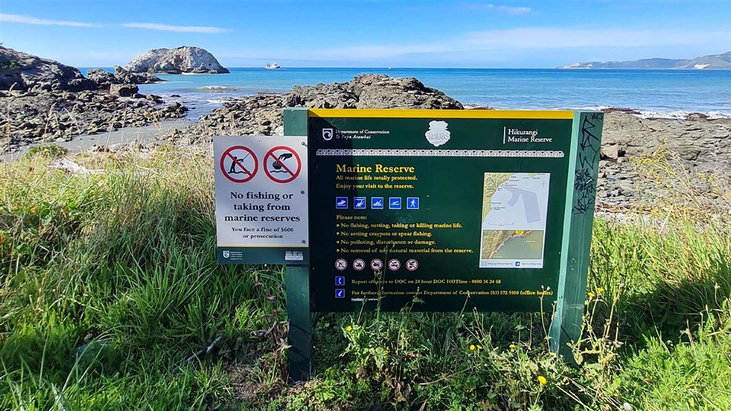 Sign at Hikurangi Marine Reserve. 