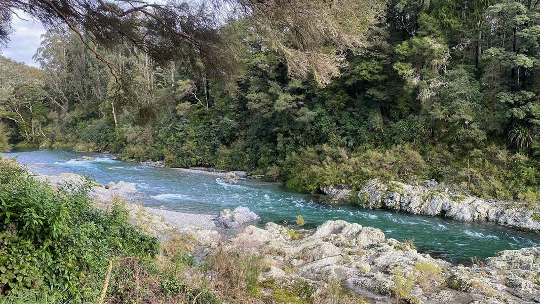 A river flowing through a forested valley.