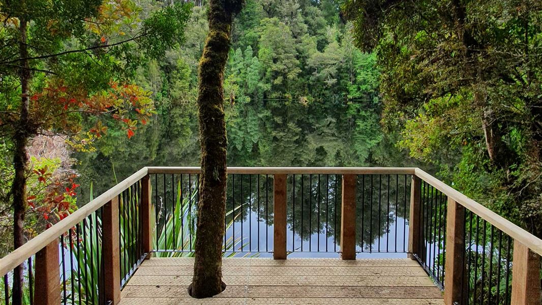 A wooden platform, surrounded by dense forest, gives a view of a calm lake.