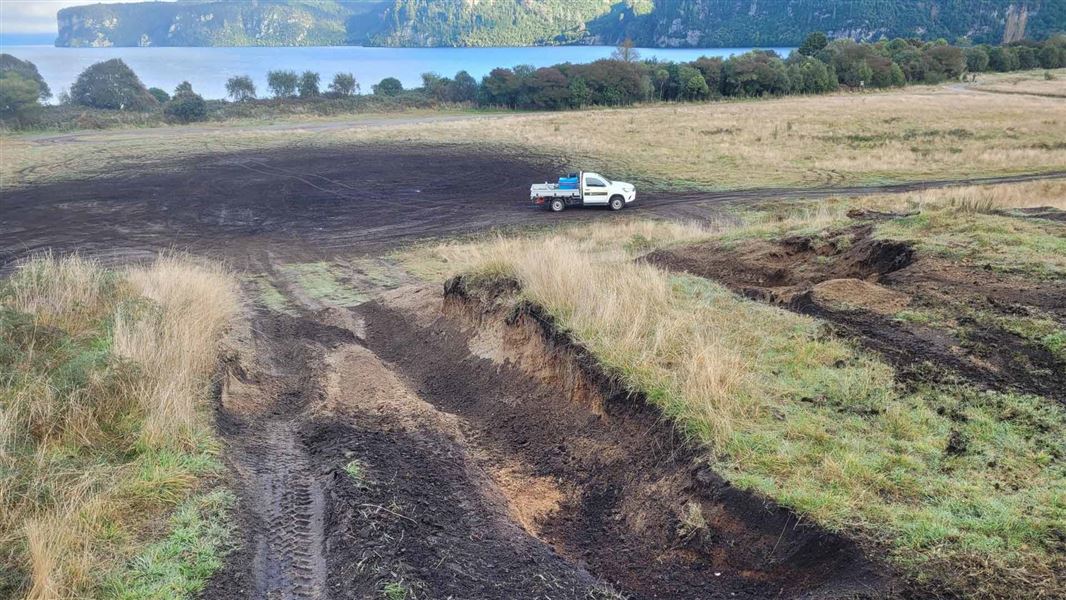 Deep rut damage to Whakaipo Bay caused by illegal 4x4 activity.