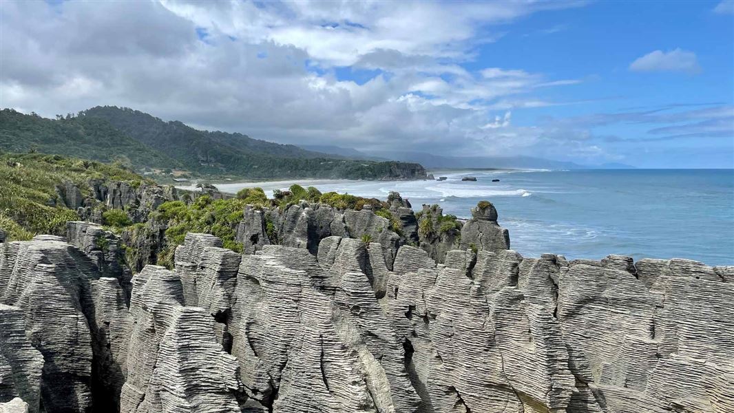 Punakaiki Pancake Rocks with the sea behind.