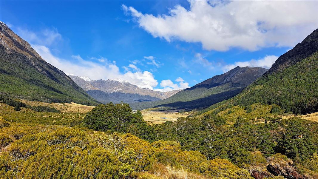 View up Greenstone Valley on a sunny day.