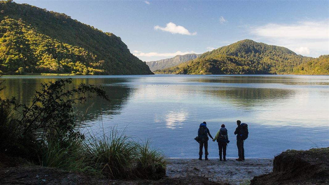 Trampers at Lake Waikaremoana.