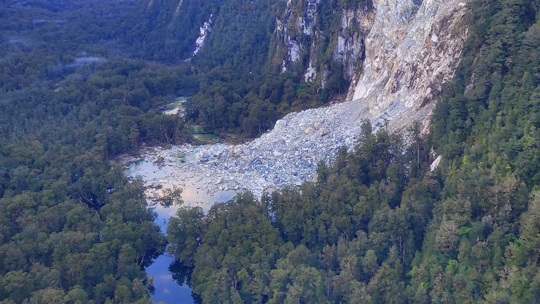 A slip which caused a dam to form above Freeman Burn hut in Fiordland.