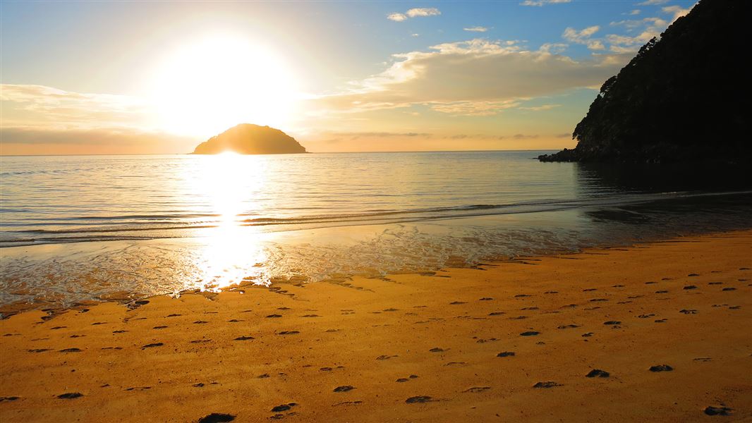 The golden sand of Tonga Island Marine Reserve with Tonga Island in the distance.