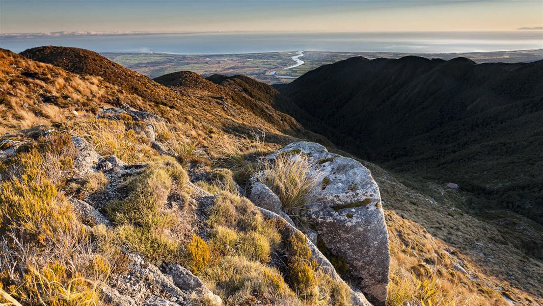 View over Westport, Buckland Peak Hut below.