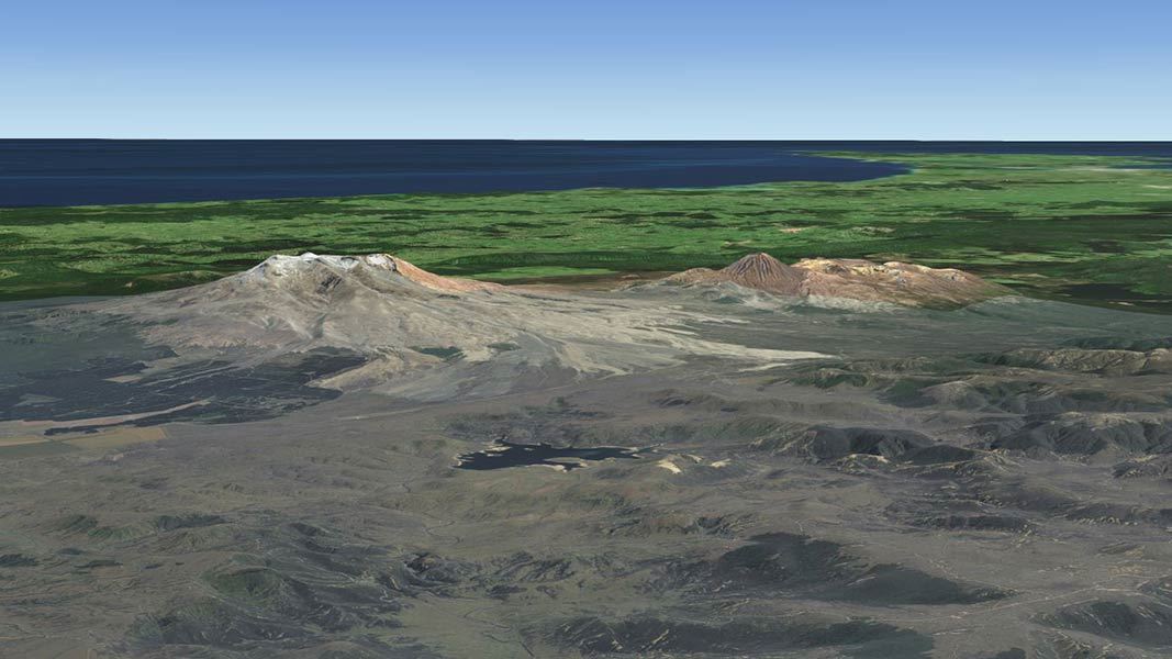 View of Discover the outdoors in 3D mode showing the Tongariro National Park mountains. 