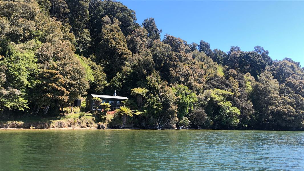 Small building surrounded by trees with water in front.