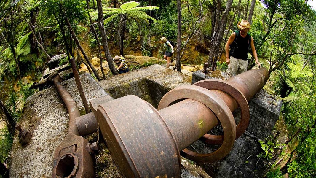 Historic gold mining machinery at Karangahake Gorge. 