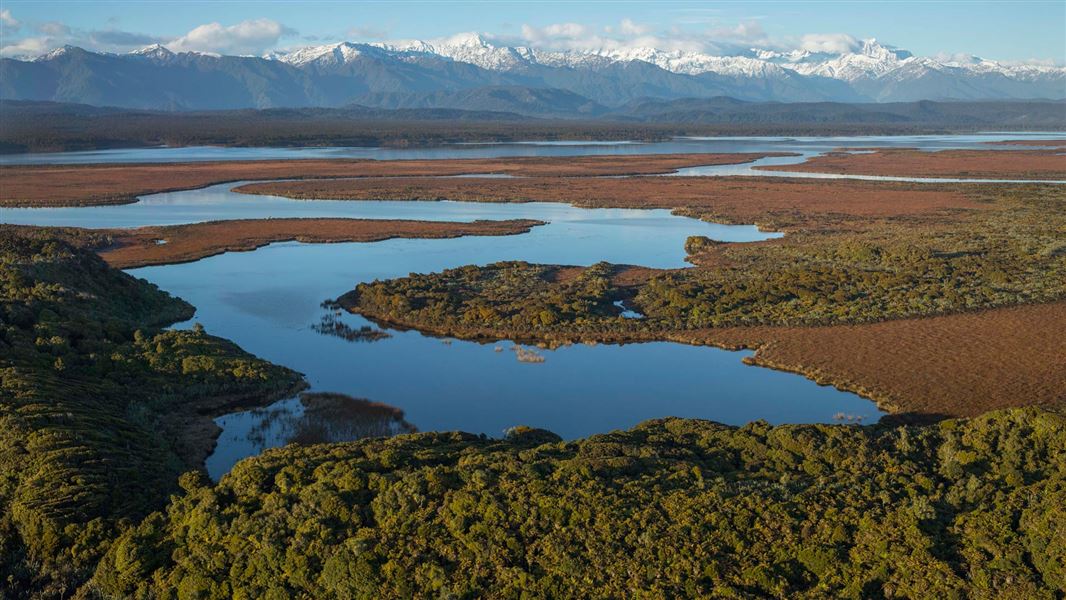 Ōkārito Lagoon from above.