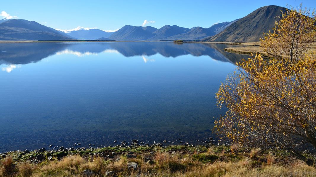 Lake Heron with mountains in background. 