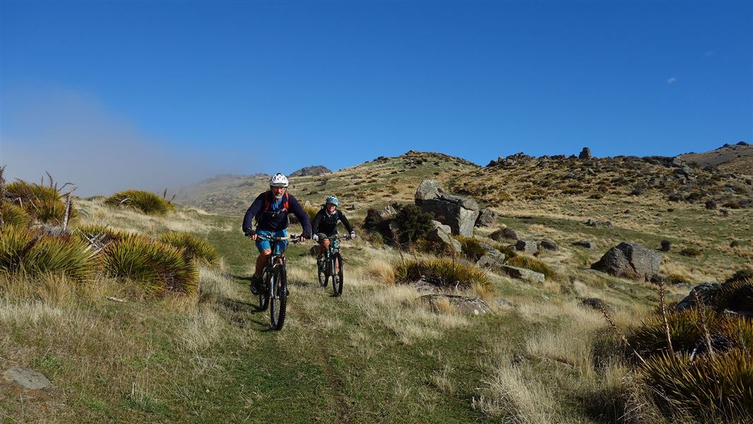 Two people biking in grassy area.