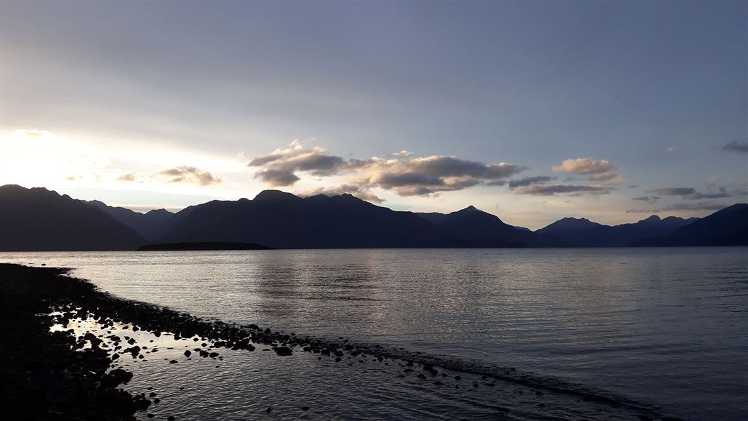 View of lake at sunset.