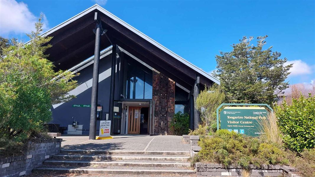 Tongariro National Park Visitor Centre on a blue sky day.