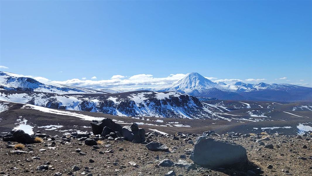 Mountain landscape with rocks and snow. 