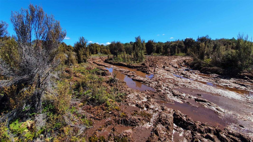 A muddy, ground up area with deep track imprints