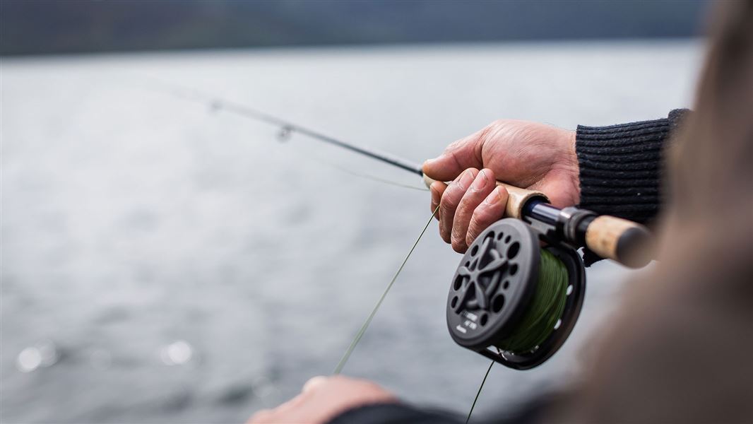 Fishing rod by lake.