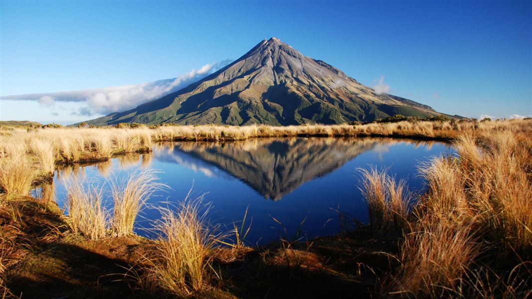 Mt Taranaki reflected in the tarns. 