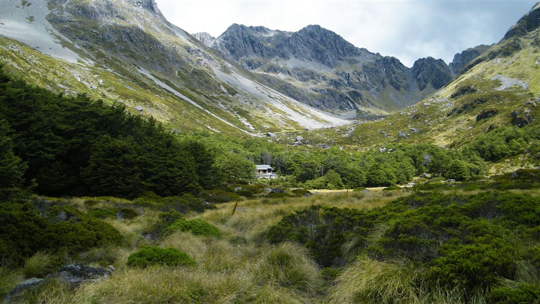 Upper Travers Hut in the distance. 