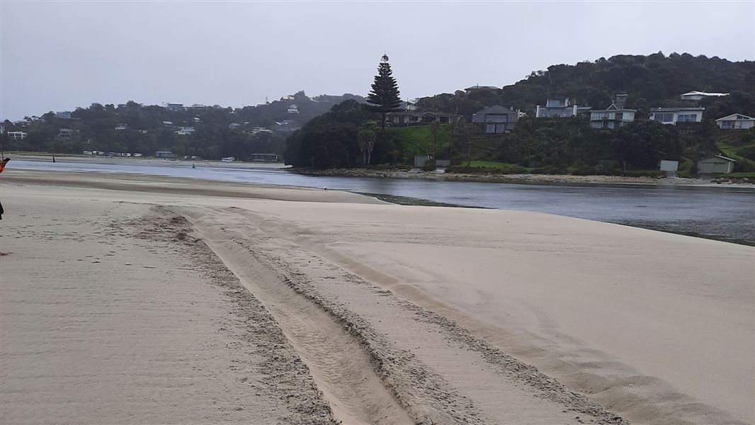 Tyre tracks in soft sand by the sea with forested hills in the distance.