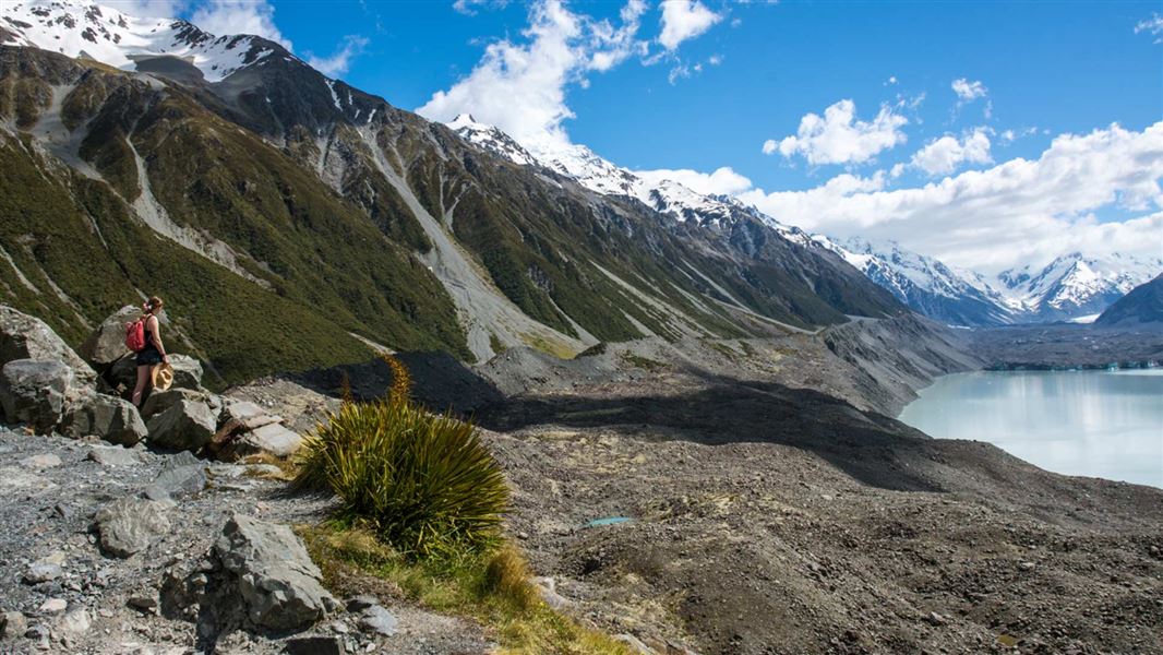 Tramper at Tasman Glacier. 