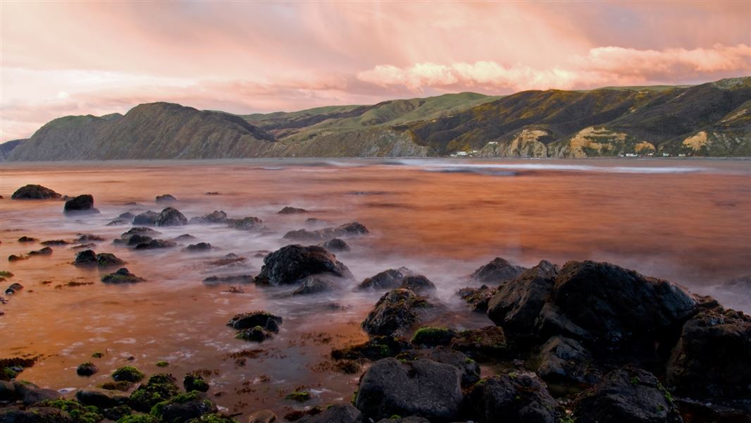 Makara Beach at sunset. 