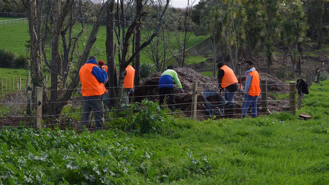 Various people work using shovels while wearing hi vis clothing.