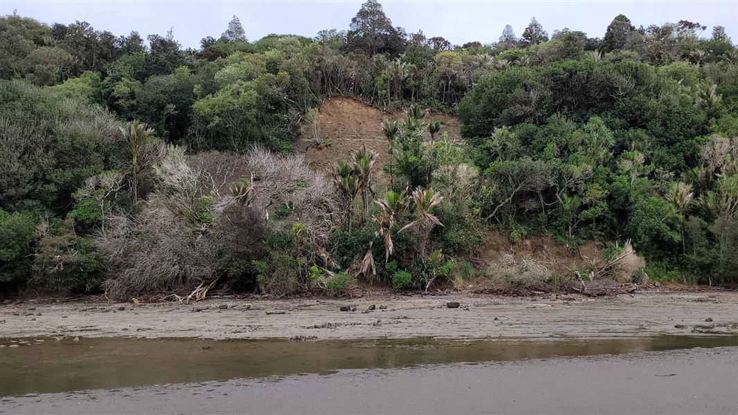 Landslip with debris on beach.