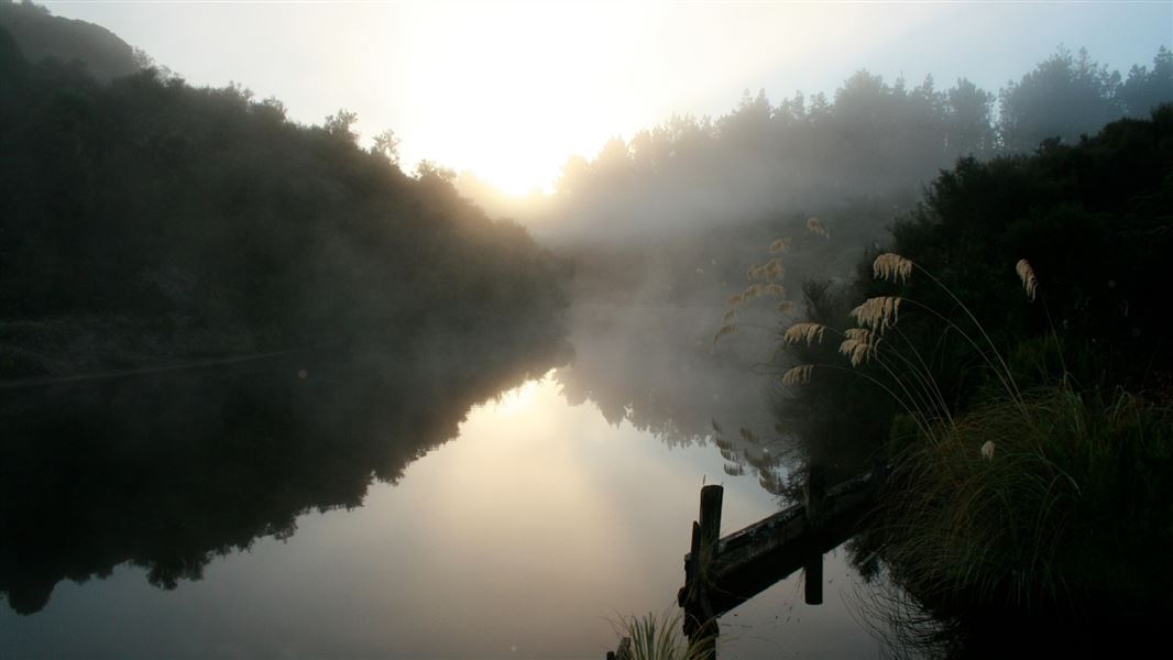 Dawn at the river, with thick fog lying low across the lake. 