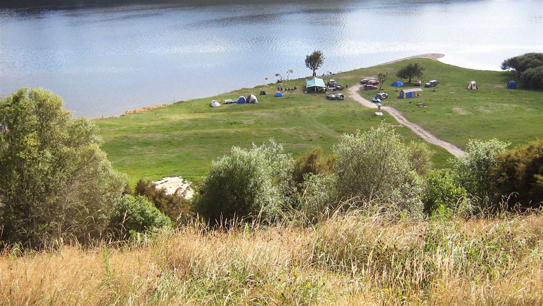 View of campsite on shores of Waikato River. 