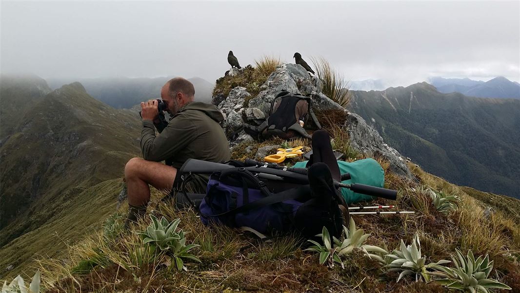 Hunter on a hill top with his gear using binoculars.