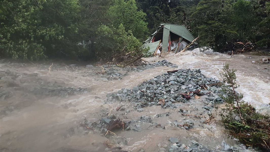 Damage to the shed at Howden Hut, Routeburn Track.