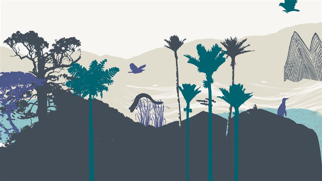 Silhoutted depictions of NZ native flora and fauna. They're all shades of blue.