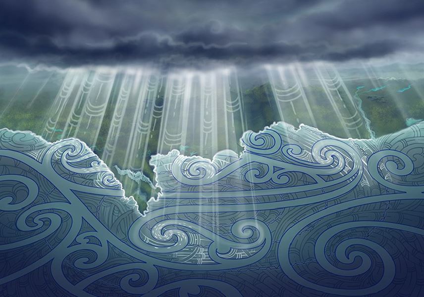 Illustration of dark storm clouds with shafts of light breaking through above swirling, patterned ocean waves.